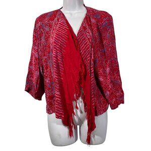 Wild Woman of Chico Open Front Cardigan w/Fringe Red Purple Artsy Boho Hippie